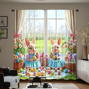 2pc, Easter theme. Adopting pocket rod installation, digital rabbit printed curtains, Home Textile. Suitable for living room, closet, bedroom, study, dining room and home decoration.