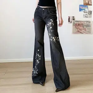 Printed Embroidered Jeans Retro 2000s Low Waist Trumpet Jeans Women's Retro Loose Cowboy Pants High Street Basic Pants Minimalist Black Beige Pocket Streetwear Women's Underwear