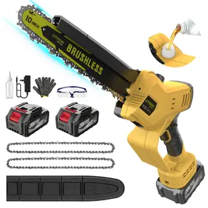 10" Cordless Mini Chainsaw with 2 Batteries & 3 Chains, Brushless Motor, Tool-Free Adjustment, Auto Oiling, Portable Electric Saw for Tree Trimming, Wood Cutting & Yard Work outdoorfun