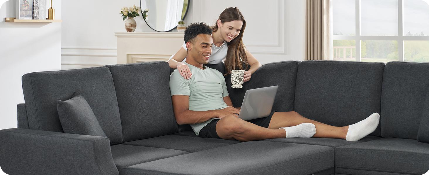 【Ships in 2 Boxes】AMERLIFE Sleeper Sofa Couch, 85'' L Shaped Design Pull Out Sofa with Storage Seater, Modern Sectional  Sofa for Living Room,  Apartment