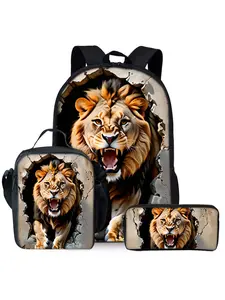 Lion Breaking Wall Print 3-Piece Backpack Set, Lunch Bag, Pencil Case, Backpack