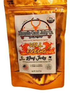 Mesquite Creek Jerky Co. Dill Fuego Beef Jerky - 30g Protein Per Package, Spicy & Tangy Flavor, Game Changing Snack (Dill Pickle Beef Jerky with Fuego Powder Coating)