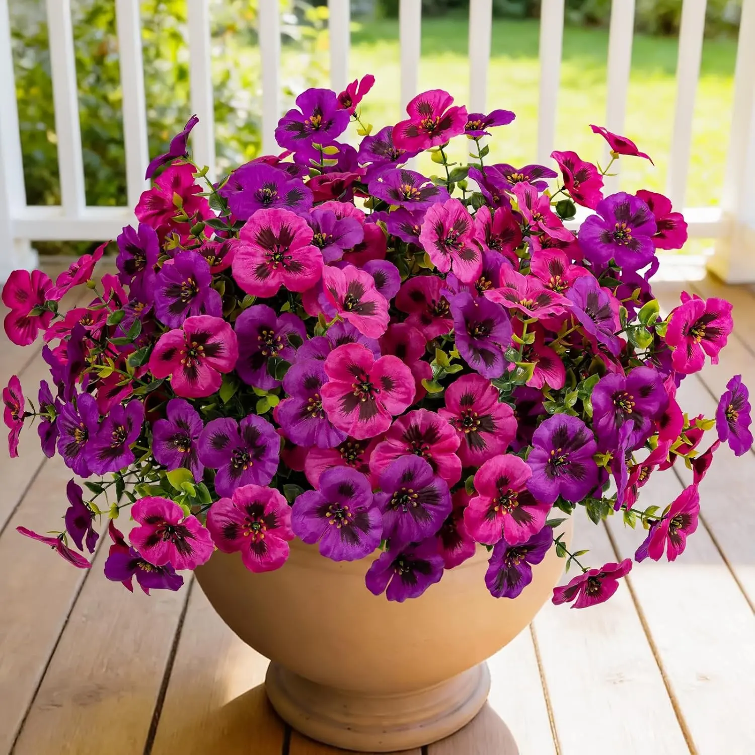 12 Piece Outdoor Artificial Decorative Flowers Fake Pansies -Two-Tone Faux Flowers per Stem, UV Resistant for Indoor Outdoor Porch Garden Planters Patio Window Box Home Decor Artificial Pansy Flower Faux Pansy Plants(Light Purple Fuchsia)