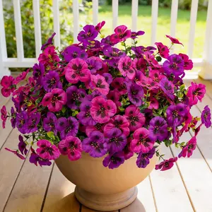 12 Piece Outdoor Artificial Decorative Flowers Fake Pansies -Two-Tone Faux Flowers per Stem, UV Resistant for Indoor Outdoor Porch Garden Planters Patio Window Box Home Decor(Light Purple Fuchsia)