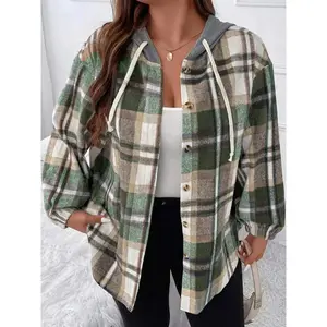 【Plus Size】 Plaid Patchwork Print Button Front Drawstring Hooded Jacket, Casual Long Sleeve Drop Shoulder Outerwear for Fall & Winter, Women's Clothes for Daily Wear