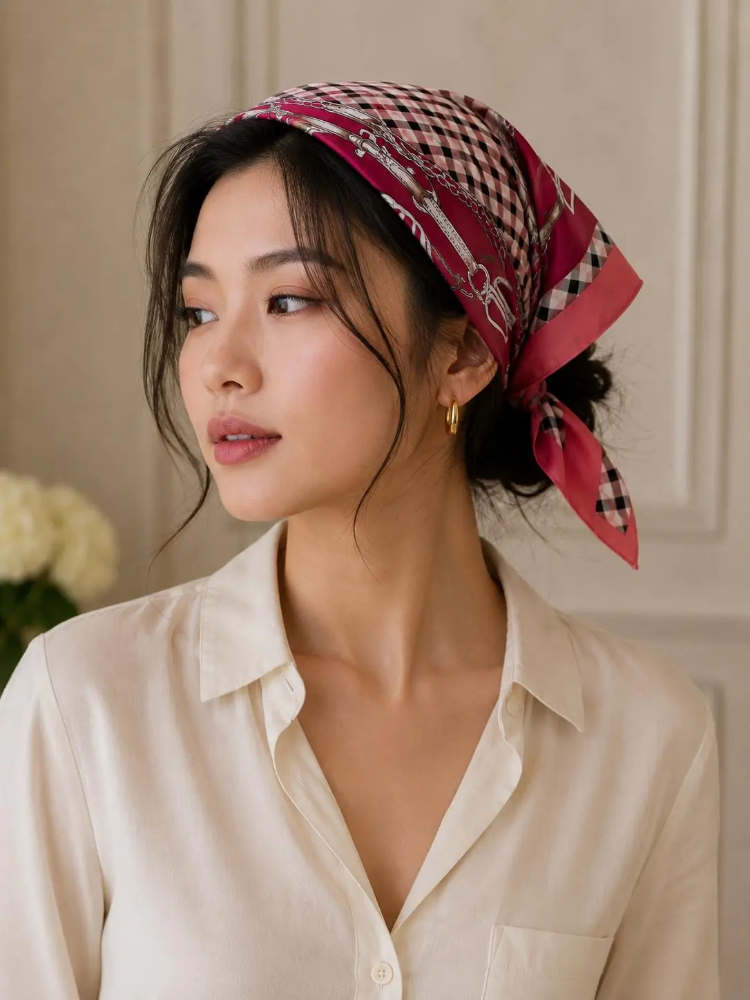 Silk Feel Small Square Scarf Pink Gingham Chain Print Twilly Neck Scarf Headscarf Bag Accessory for Women