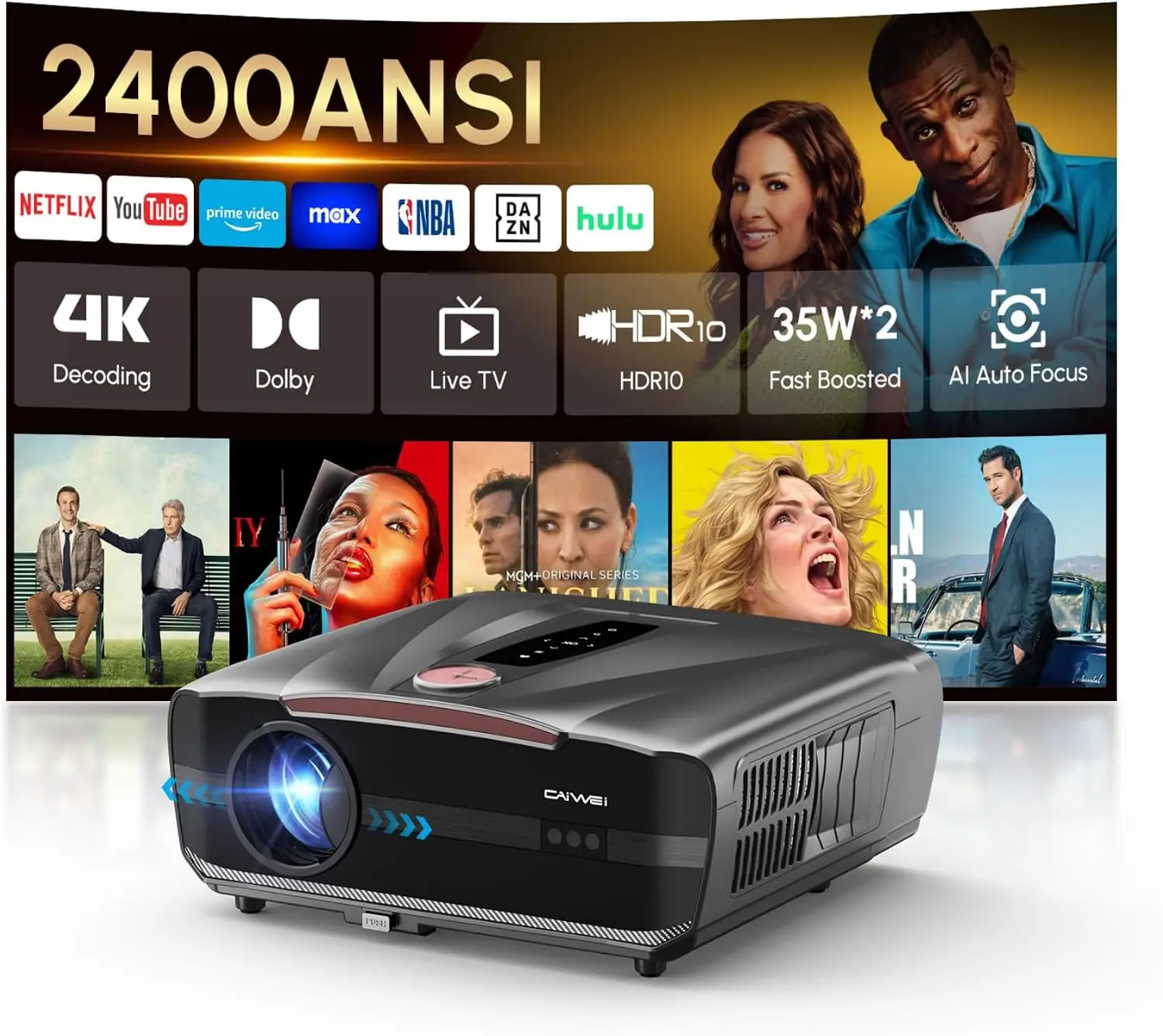 Daylight Projector 2400ANSI Ultra HD 4K HDR10+ Daytime Smart Projector with 2026 Upgraded Auto Lens Cap Tof Autofocus HDMI eARC/CEC WiFi6 Bluetooth5.4 40W DB Audio for Home Theater Gaming Ceiling