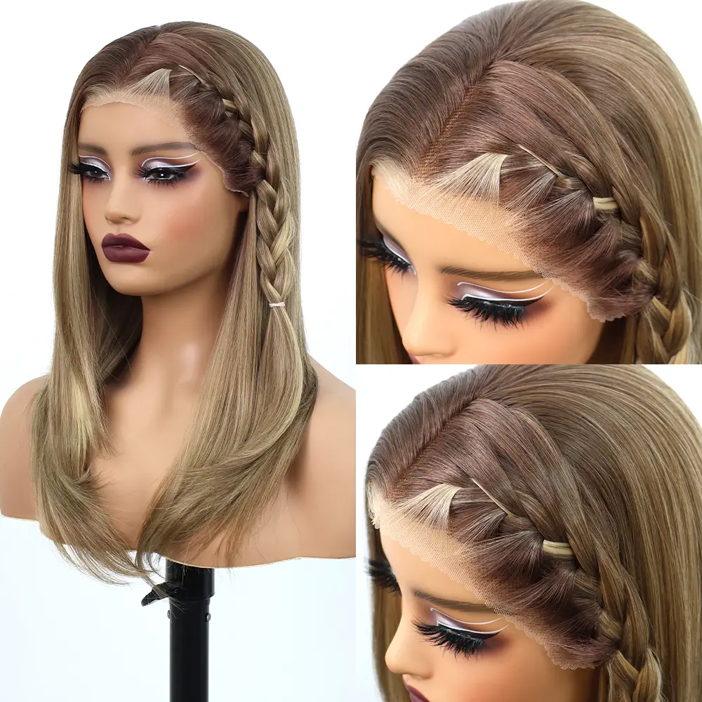 Lovestory Fanny  20 Inch Ash Brown Blonde Synthetic Wig for Women, 13x4 HD Lace Front Glueless Wig, Pre Plucked Natural Hairline, Long Straight Layered Wig, Ombre Highlights, Heat Resistant