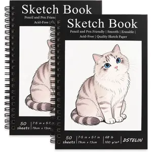2 Pack Spiral Bound Sketchbooks (100 GSM Sketch Paper), 50 Sheets per Pack, 7.5" x 5.1" Sketchbook with Black Hard Cover for Painting, Drawing and Sketching