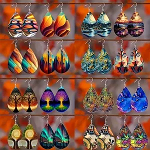 16Pairs Bohemian Colored Printed Pendant Wooden Earrings in The Shape of Water Droplets, Featuring The Geometric Pattern of The Tree of Life, Perfect for Beach Vacations, Travel, and Photography. They Are The Perfect Christmas Gift