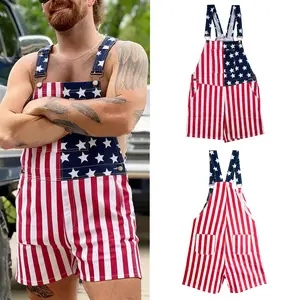 Unisex Denim American Flag Bib Shorts Overalls, Comfortable Stretch Summer Shorts, Patriotic Outfit for Independence Day Celebrations