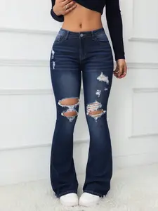 Women's High Waist Ripped Bell Bottom Jeans, Slimming Butt-Lifting Flared Pants, Elastic Soft Denim Fabric, Casual All-Season Wear