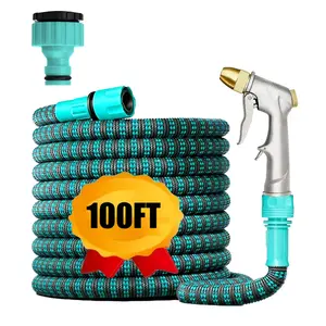 Expandable Dual Metal Garden Hose Connector, High Pressure Rubber Roll-Up Hose, Farm Water Pipe, Available in 25ft, 50ft, 75ft, 100ft