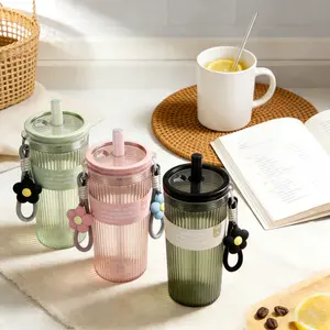Leakproof Ribbed Glass Water Bottle with Straw - Adorable Flower Charm Strap, Portable Design, BPA-Free & Food-Safe - Keep Drinks Fresh On-the-Go, Great for Hiking, Picnics, Travel & Outdoor Adventures - A Cute & Practical Accessory for Active Lifestyles