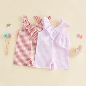 Toddler Baby Little Girl Plaid Sleeveless Romper Asymmetric Ruffled Bodysuit Classic V-Neck Checkered Jumpsuit 6M-4T