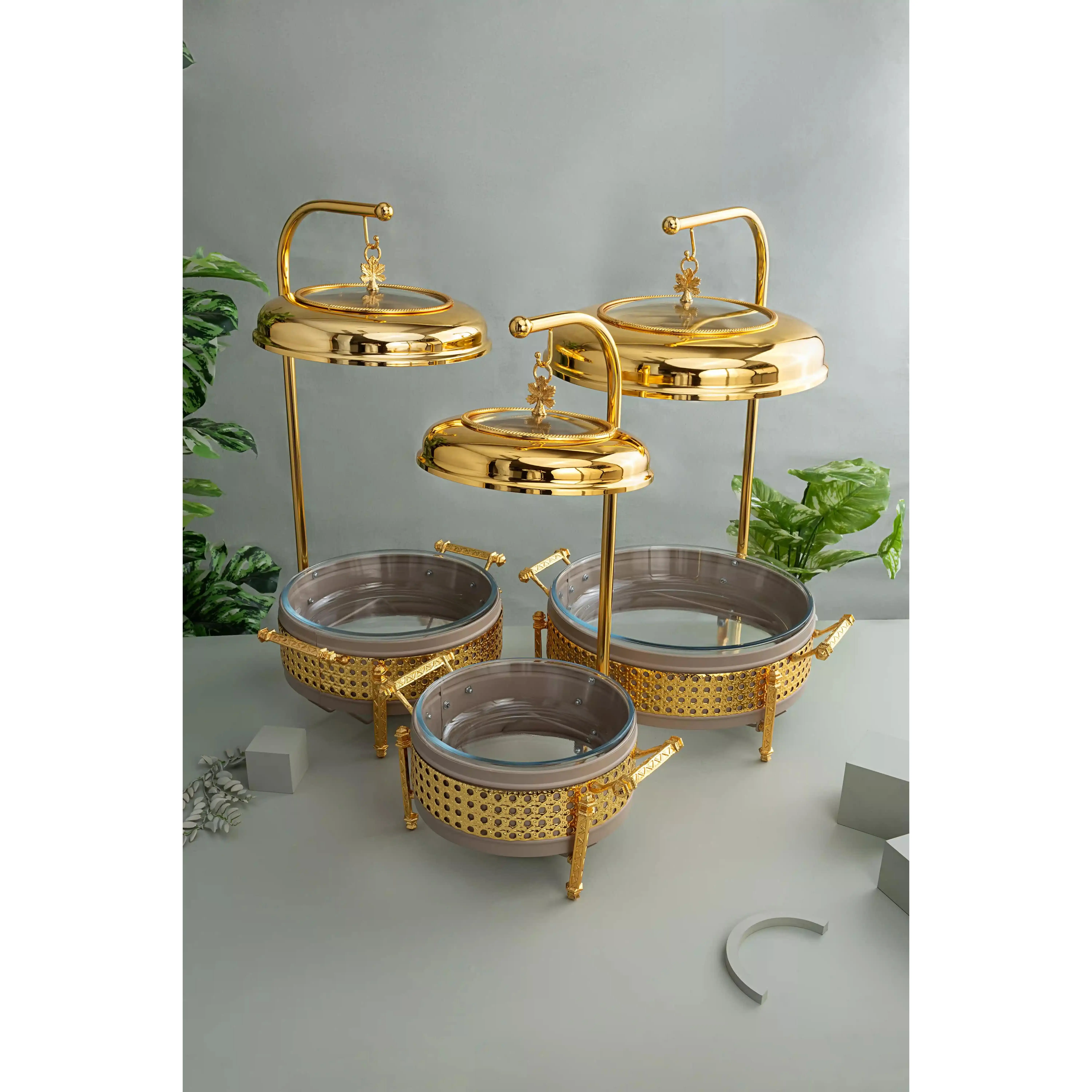 3 Pieces Set – Grey Chafing Dishes with Gold Finish – Elegant Buffet Serving Set