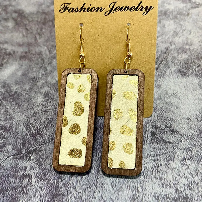 Gold Acid Drop Cowhide Wooden Earrings