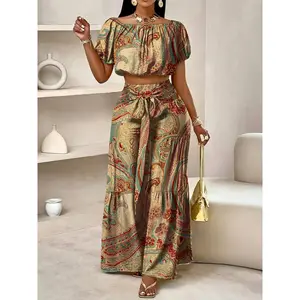 Summer Women Paisley Print Retro Two Piece Set Off Shoulder Puff Sleeve Crop Top High Waist Drawstring Wide Leg Pants Beachwear