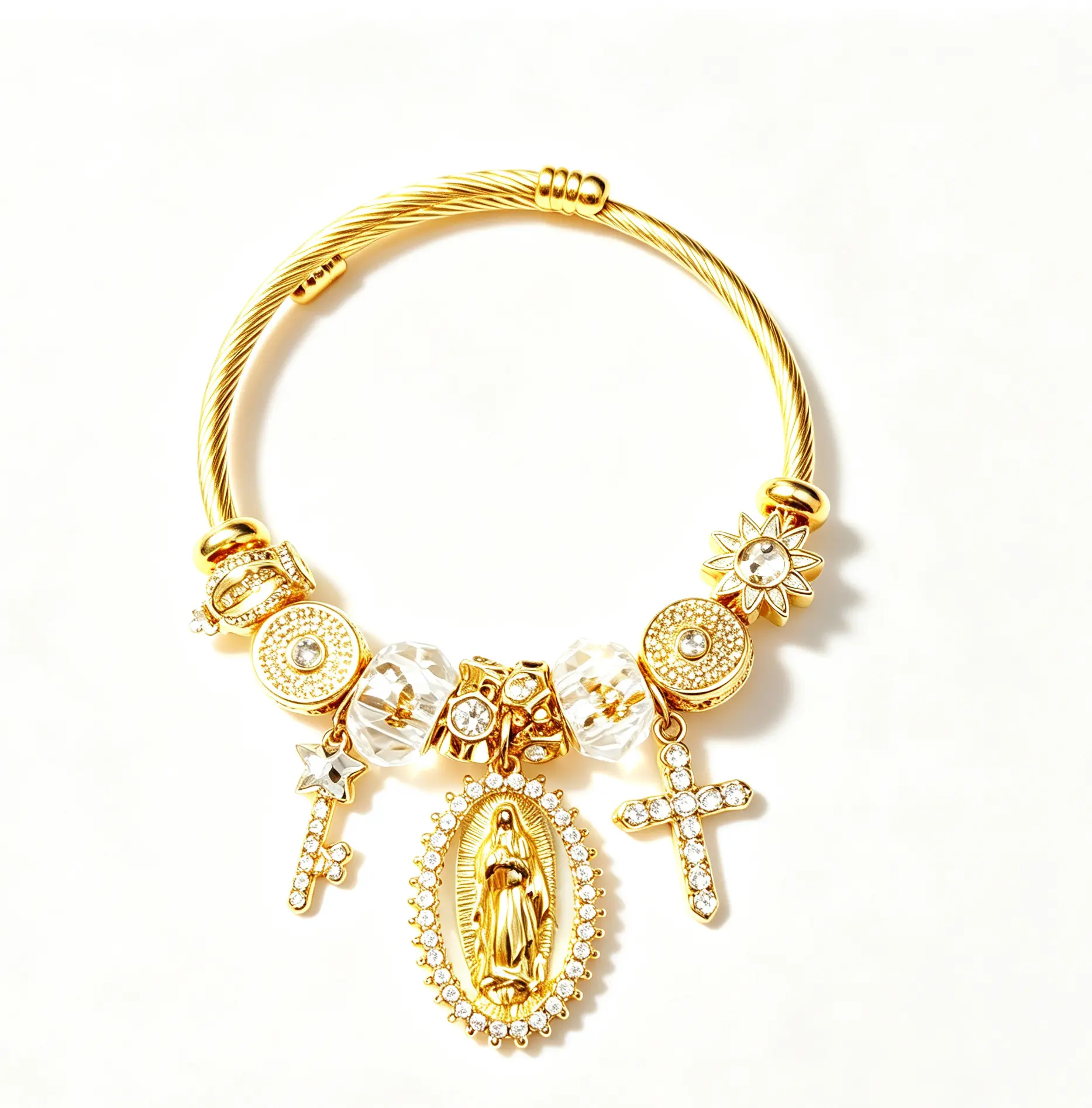 Women’s Gold Cable Wire Cuff Bracelet, Virgin Mary Guadalupe Charm Bangle with Cross, Key & Crystal Sun Beads, Catholic Religious Jewelry Gift