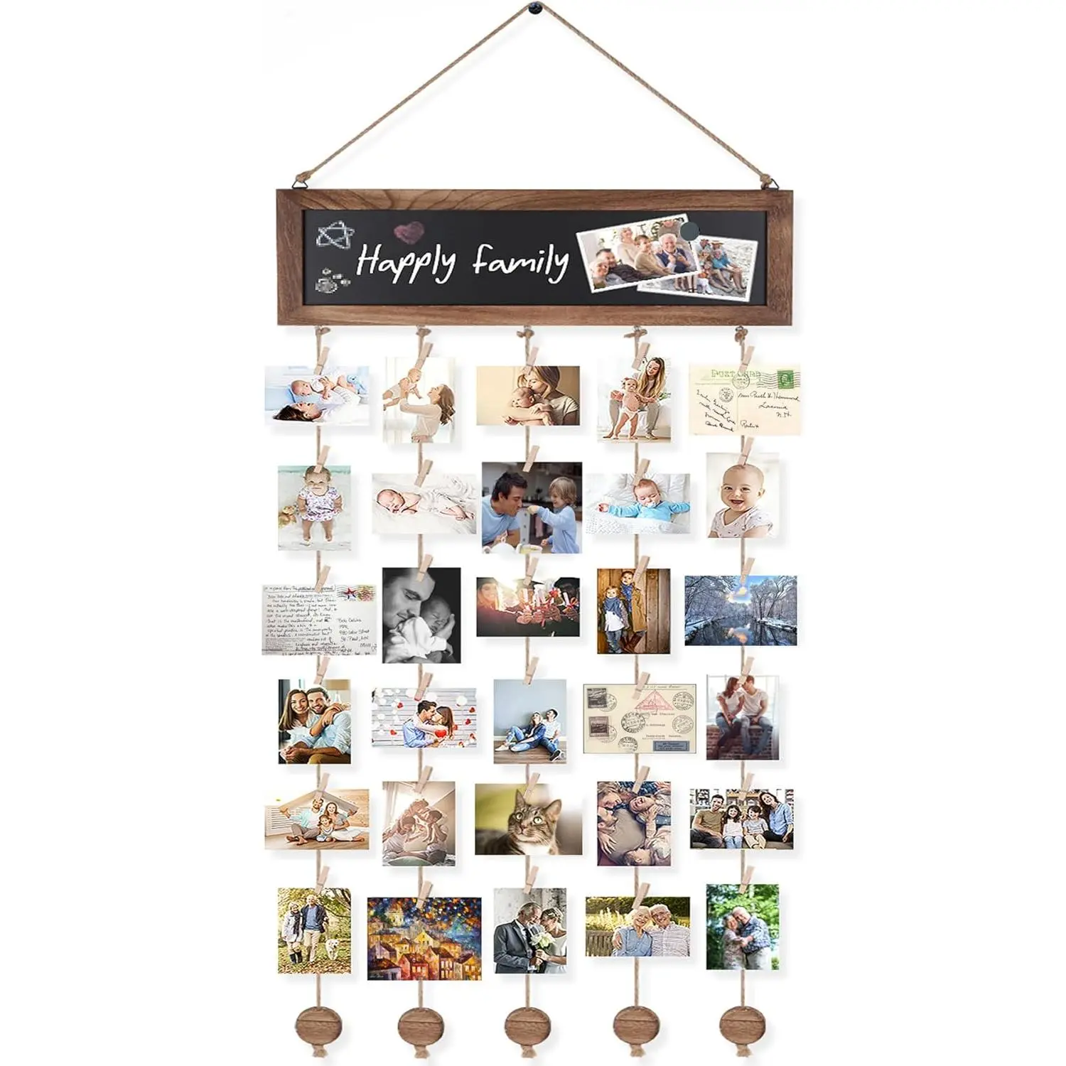 Picture Frames Collage Photo Hanging Display Picture Board  Rustic Frames for Wall Decor and Dorm Room Decor with Blackboard and 30 Clips Carbonized Black