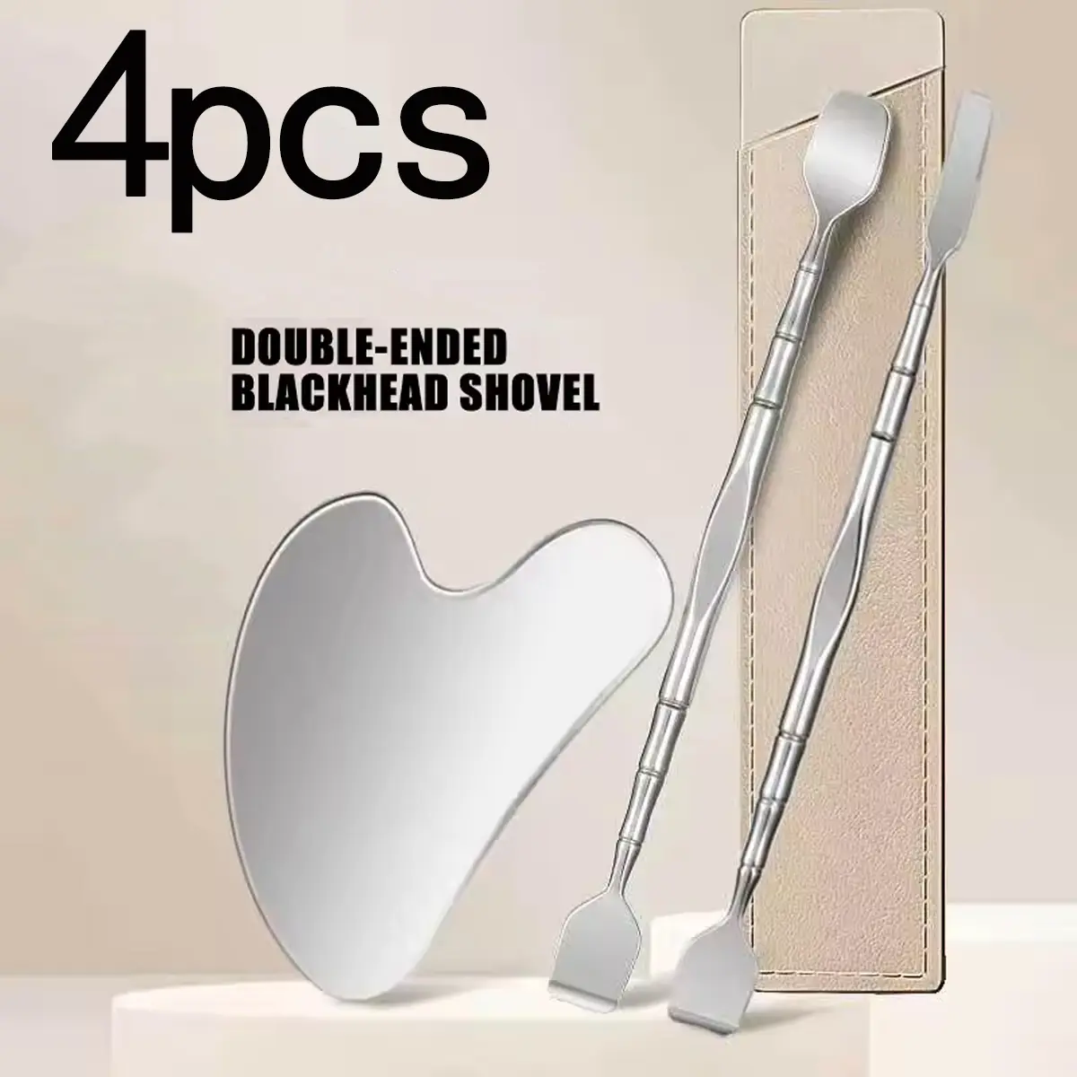 4-piece blackhead scraper, double-headed stainless steel blackhead remover, blackhead scraper facial cleansing, removes and treats acne whiteheads, nose facial blemish extractor
