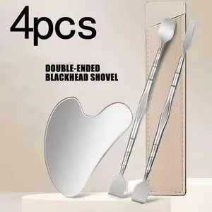 4-piece blackhead scraper, double-headed stainless steel blackhead remover, blackhead scraper facial cleansing, removes and treats acne whiteheads, nose facial blemish extractor