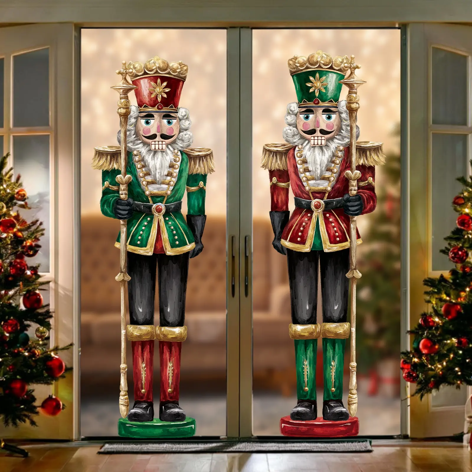 Christmas Window Stickers Set, 4 Large Nutcracker Soldier Designs, Vintage Cute Holiday Decorations for Home Office Party Ornaments Decor, Durable Plastic Decor, Festive Decoration