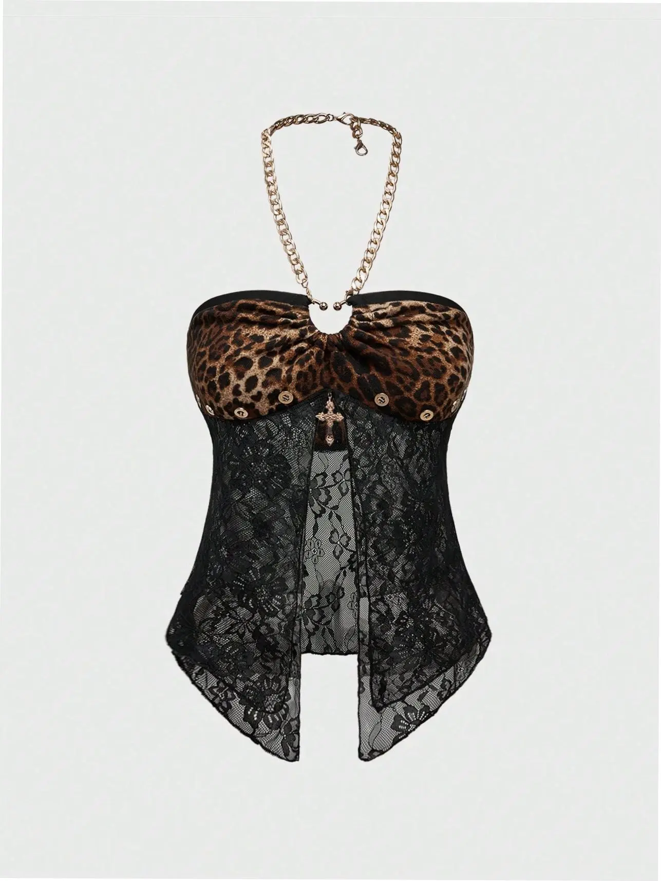 Halter Top Leopard Lace Cross Decor Y2K Going Out Summer Outfit