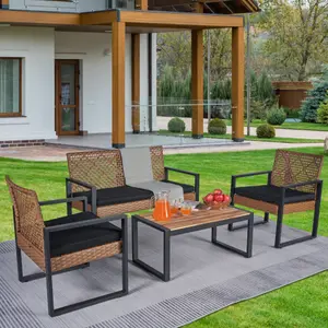 Bellemave 4-Piece Modern Weatherproof Outdoor Patio Furniture Set - Solid Wicker, Acacia Wood Table Top, 4-Seat Porch Set for Balcony, Garden, Patio Furniture Sets,summervibes
