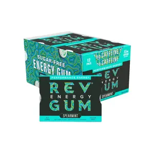 Rev Gum Caffeine Energy Gum | Performance Energy 60mg of Caffeine per Gem | Spearmint Sugar Free Caffeinated Mint Chewing Gum - Low Calorie Chews to Help You Stay Alert, Awake and Focused - 12 Packs (72 Count)
