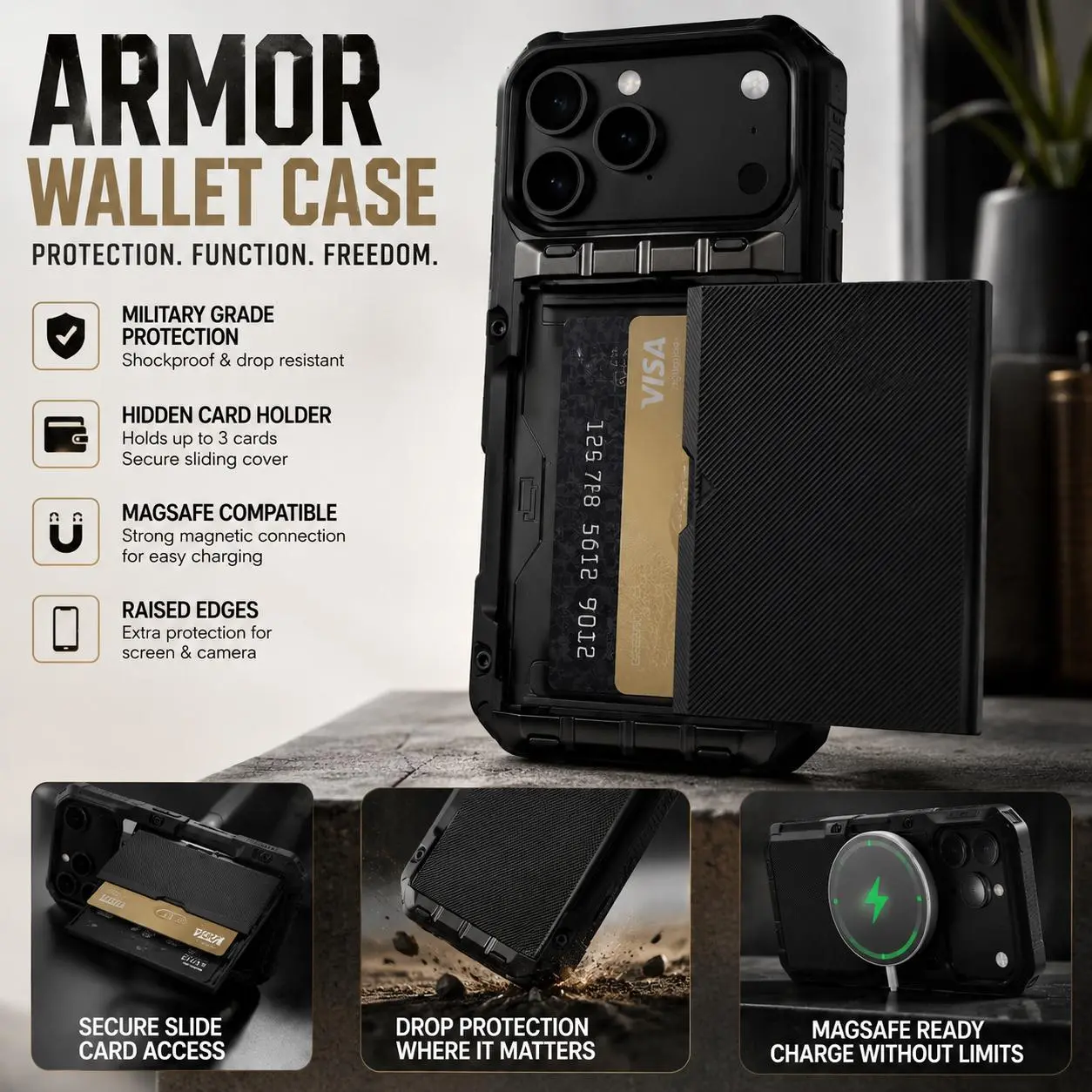 iPhone 17 Pro Case Shockproof Armor with Built-in Card Holder Durable TPU & PC Material Rugged Design for Drop Protection Modern Style Black Twill & Black + Copper Twill Options