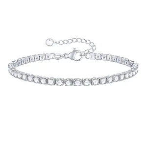 925 Sterling Silver 4.5-6.0g 2mm/3mm Elegant Sparkle Ice Round Synthetic Zirconia Tennis Chain Ring Adjustable Size Women'S Bracelet Low Allergy Simple Daily Wear Jewelry Accessories Gift