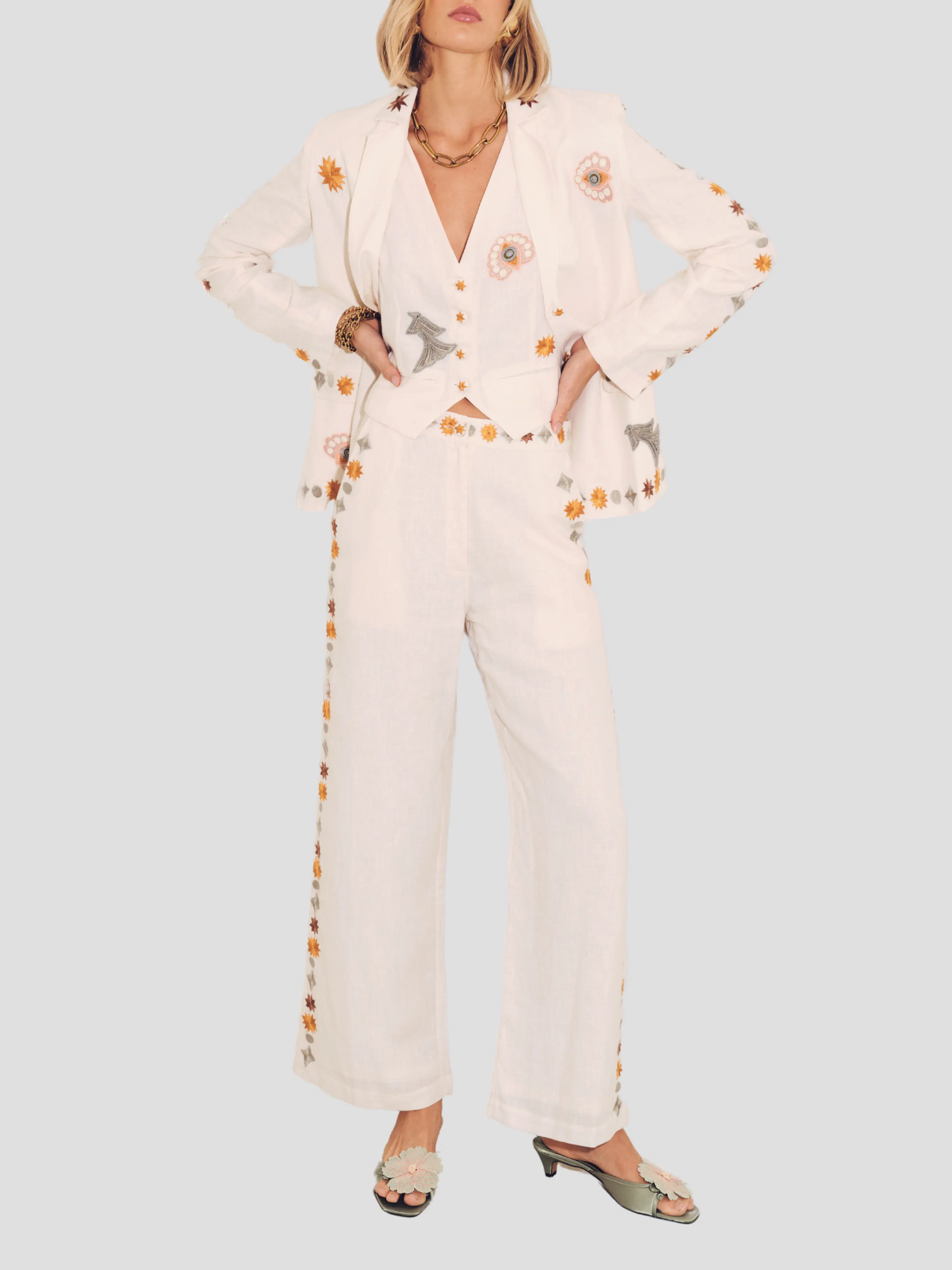 Sun Embroidered Linen Vest in Ivory