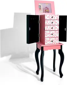 JOYMOR Kids Jewelry Armoire with Top Flip Mirror and Storage Organizer, Standing Jewelry Cabinet with 5 Drawers, Freestanding Jewelry Storage for Girls