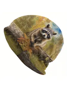 Biihudu Men's Raccoon Beanie Hat - Fashionable Animal Print Cap with Autumn Leaves & Forest Design, Lightweight Warm Winter H, Cute Beanie Hat