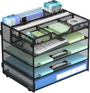 5 Tier Mesh Desk Organizer- Letter Tray with Adjustable Compartments, Mesh Desktop Storage Built in Pen Holder and Handles, Desk Organizer Tray for Mail Documents Office Supplies-Black