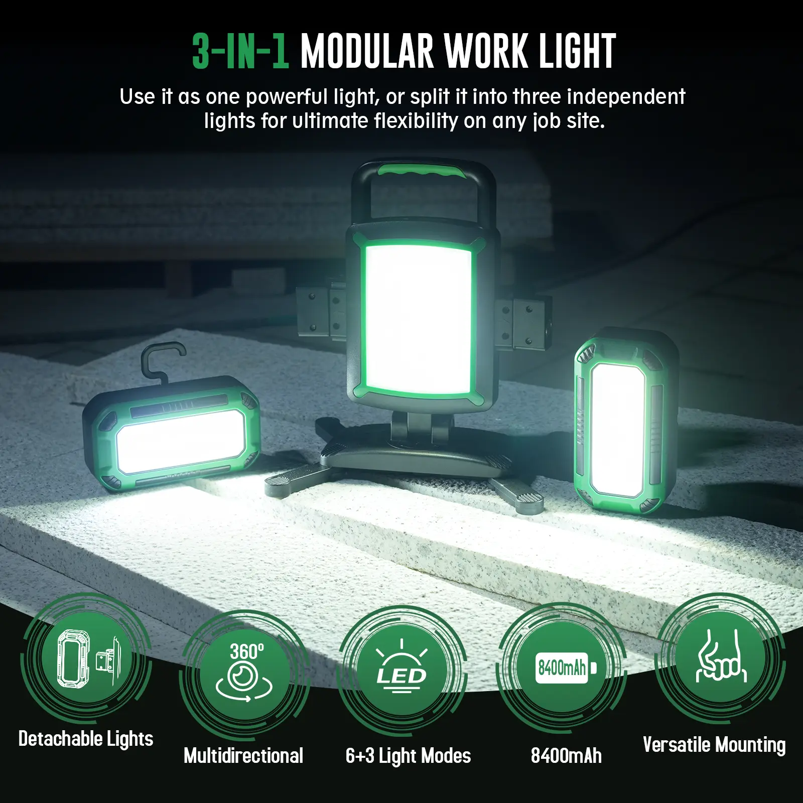 Tresada 3-in-1 50W Rechargeable LED Work Light - High Lumen Flashlights (5000LM), Magnetic Mount, 9 Modes, 360° Rotation, IP65 Waterproof Portable USB Work Light for Outdoor & Home Improvement Tasks