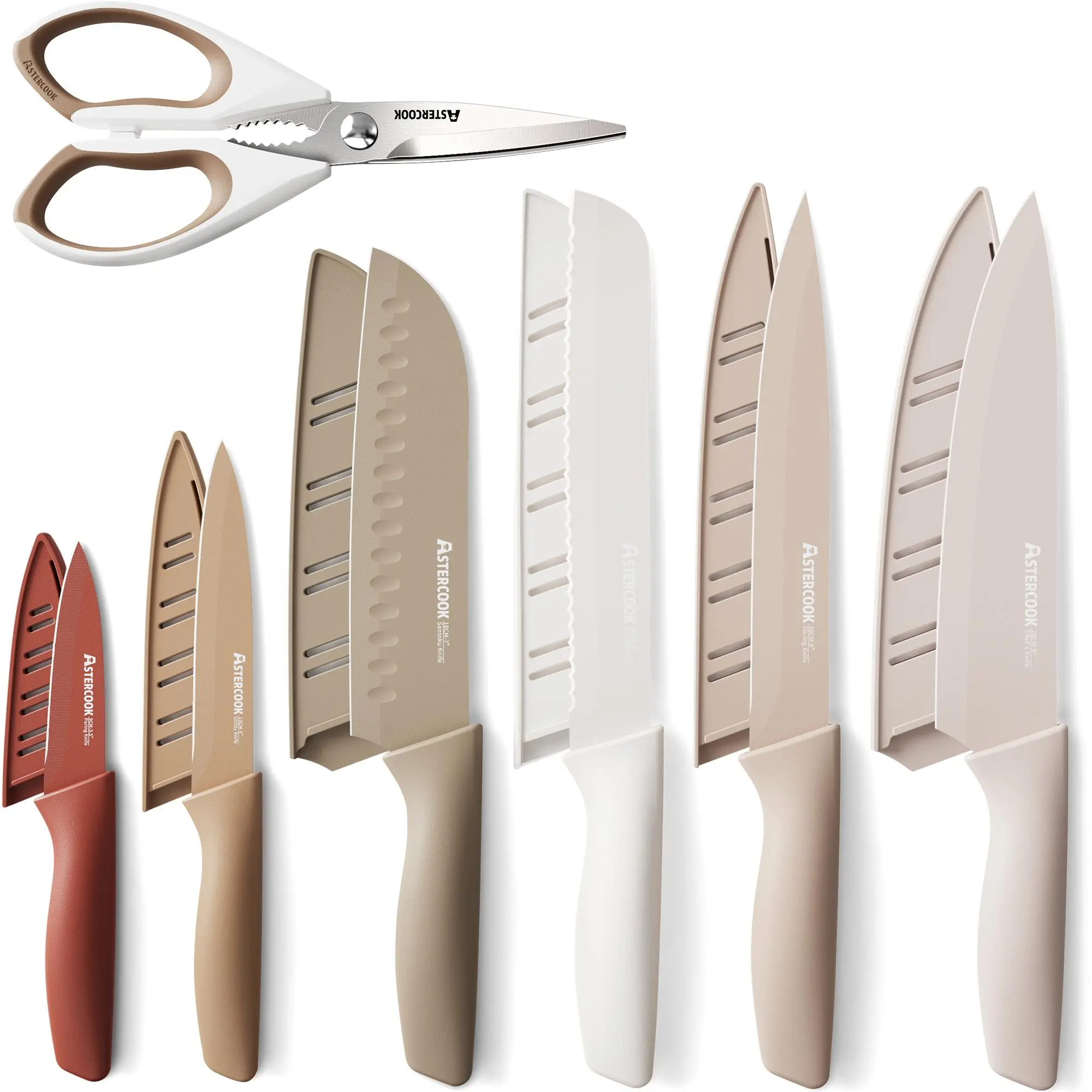 Astercook 7-piece knife set, stainless steel chef's knife with 6 blade guards, dishwasher safe, essential knife set Kitchen Block Cooking Cutting