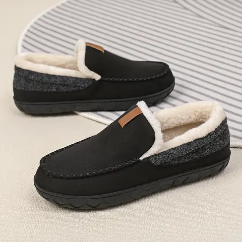 XJYQZFJT Men's Classic Casual Minimalist Braid Faux Suede Moccasin Slippers - Slip-On, Below-Ankle, Warm Plush, Anti-Slip Outsoles, Home-to-Outdoor Use Fall Winter Cozy Loafers