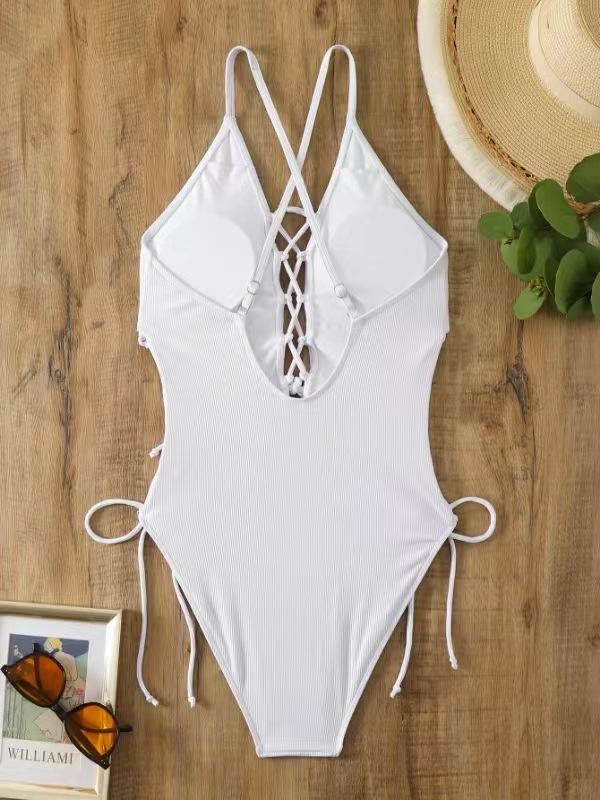 Women's European-American Backless Cut Concave Stripe 1-Piece Swimsuit, Female Outdoor Swimwear with Standard Sizes for Beach Sports, Polyester