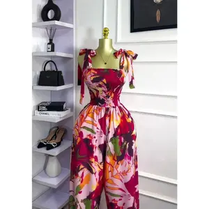 Summer Autumn Leaf Printed Women's Shoulder Sleeveless Jumpsuits 2025 New Beach Holiday Outfits One Piece Suit Romper Mixed Sky Blue Strap Bohemian Fitted Womenswear Check