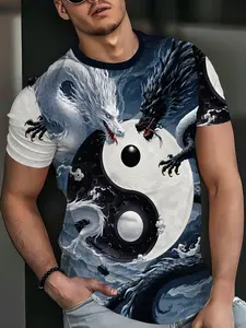 Unisex Quick-Dry Short Sleeve Jersey, Tai Chi & Dragon Design, Casual Fitted Top, Soft Material, Ideal for Outdoor Activities