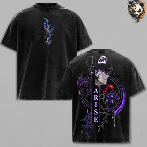 Sung Jin-Woo Washed Tee – Solo Leveling Anime T-Shirt, Weakest Hunter to Shadow Monarch Rise of the Strongest Solo Player Dark Hero Legacy Vintage Streetwear Trendy Gift Anime Fan