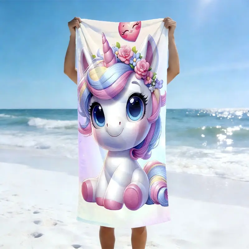 Customizable Name Unicorn Beach Towel, Flat Print, Fairy Tale Fashion Design, Lightweight Soft Quick Dry, Summer Vacation Pool Camping Picnic