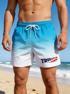 Men's Quick Dry Gradient Board Swim Trunks Side Pockets Ombre Beach Shorts with Mesh Lining Lining Drawstring Waist Flag Stars and Stripes Print Vacation Surfing Shorts