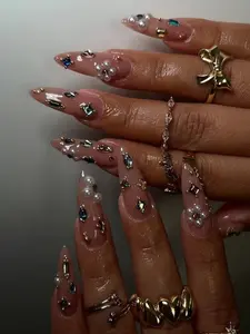 Luxury Pearl Gem Press On Nails | Elegant Nude Rhinestone Nail Art | Handmade Luxury Fake Nails | Long Nude Wedding Press Ons