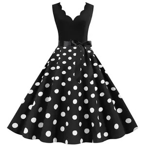 Women's Vintage 50s-60s Polyester Fabric Pullover Formal Gown, Sleeveless V-Neck Polka Dot Bow Party Sundress