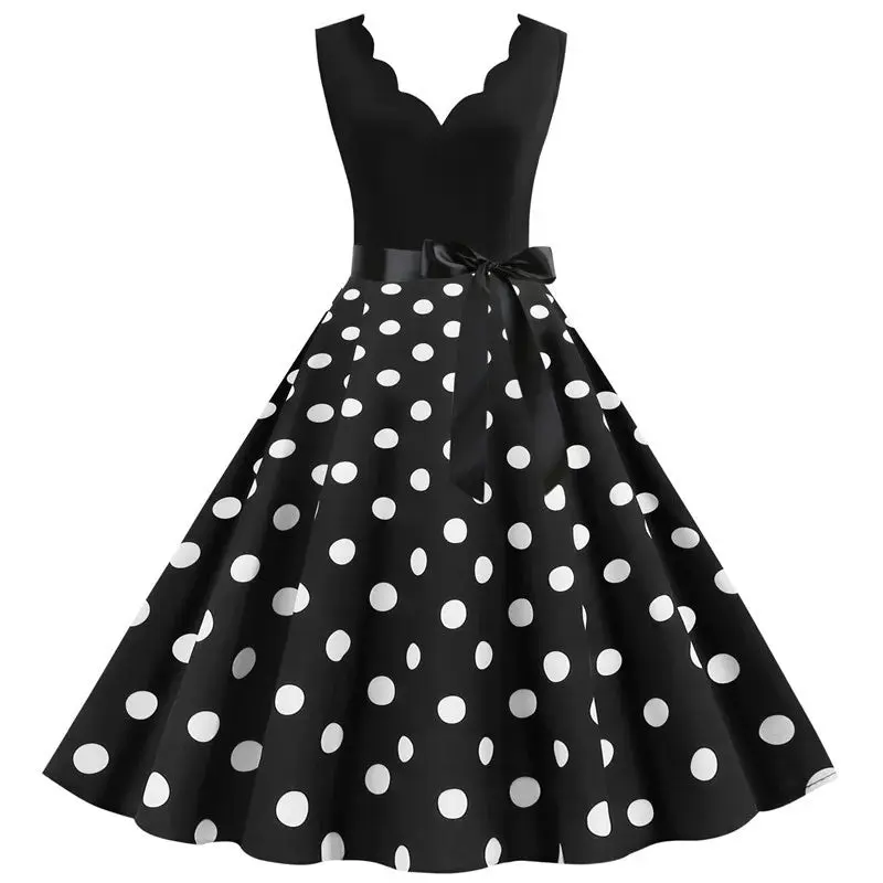 Women's Vintage Polka Dot Dress in Cotton Fabric, 1950s Sleeveless A-Line with Sash for Summer Garden Party Events, Garden Party Dresses, V-Neck, M, Party Fit