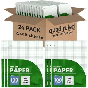Graph Paper, Loose Leaf (24 Pack) - 4 x 4 An Inch Quad Ruled, 10.5" x 8" Graphing Sheets, 100 Per Pack, 60 GSM