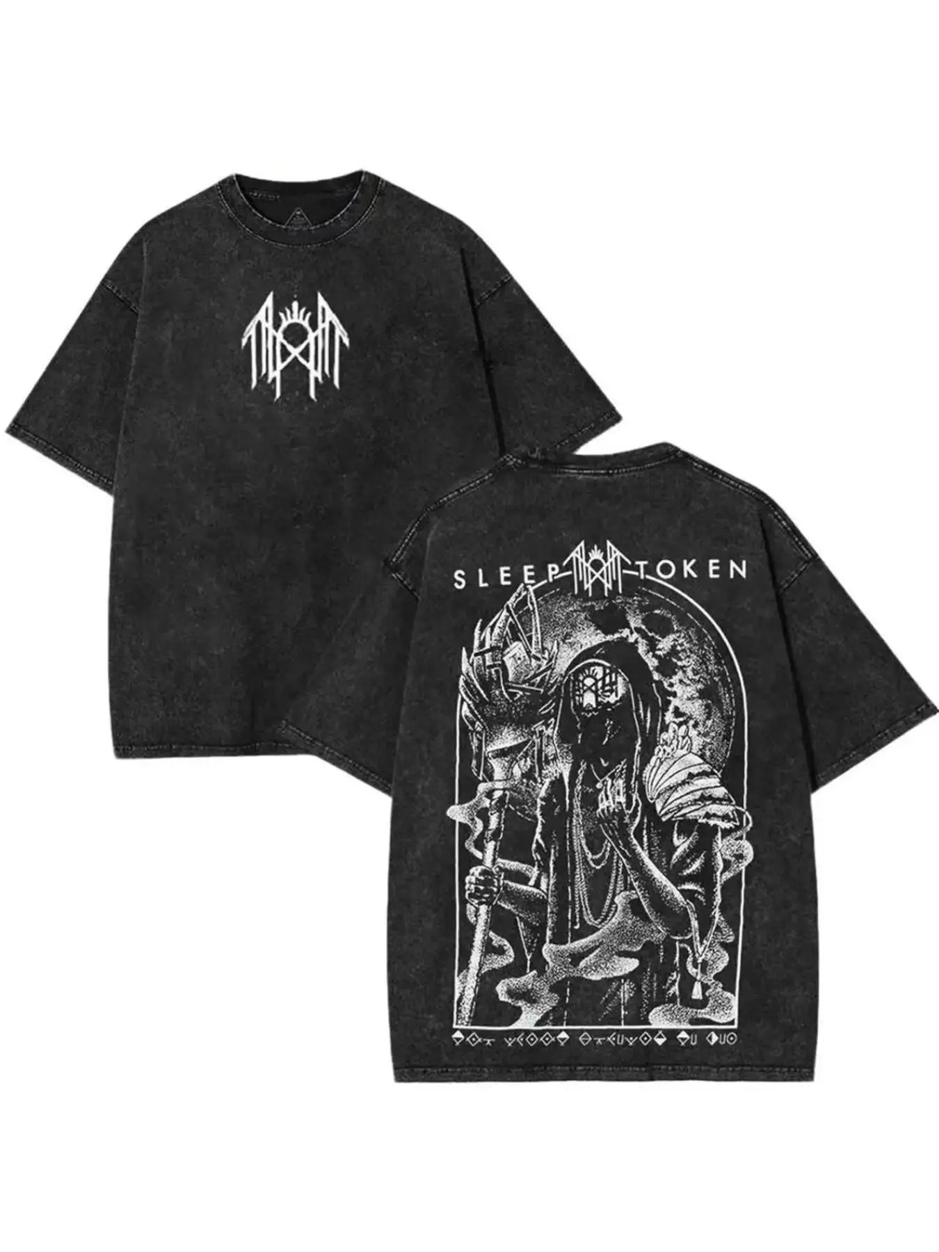 American Vintage Menswear Washed Gothic Graphic Print Short Sleeve Loose Baggy T-Shirt for Men, Trendy Streetwear Fashion Casual Wear, Versatile Half-Sleeve Top, Casual Fashion Clothing